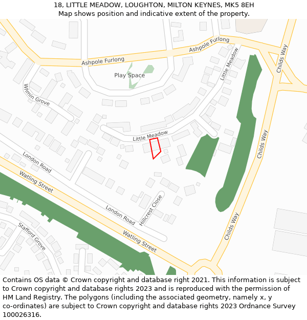 18, LITTLE MEADOW, LOUGHTON, MILTON KEYNES, MK5 8EH: Location map and indicative extent of plot