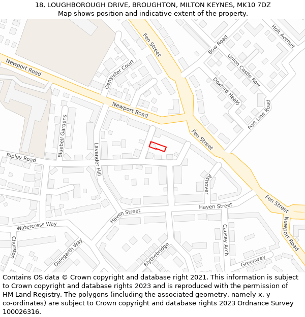 18, LOUGHBOROUGH DRIVE, BROUGHTON, MILTON KEYNES, MK10 7DZ: Location map and indicative extent of plot