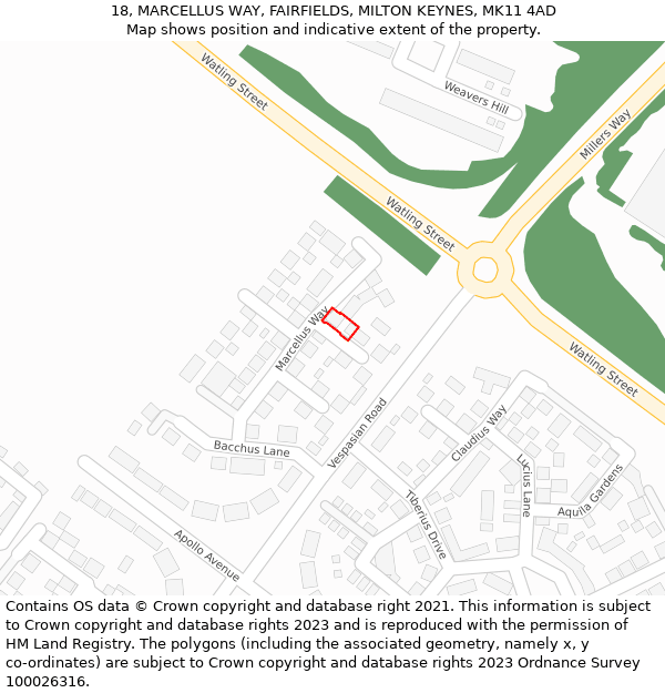 18, MARCELLUS WAY, FAIRFIELDS, MILTON KEYNES, MK11 4AD: Location map and indicative extent of plot