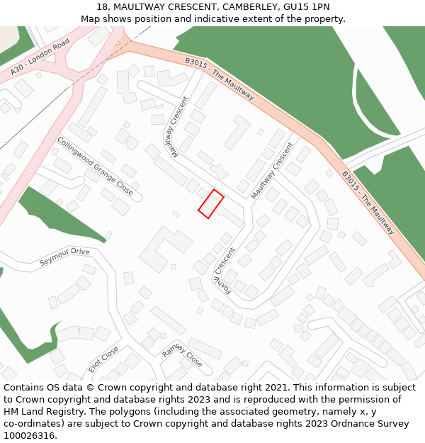 18, MAULTWAY CRESCENT, CAMBERLEY, GU15 1PN: Location map and indicative extent of plot