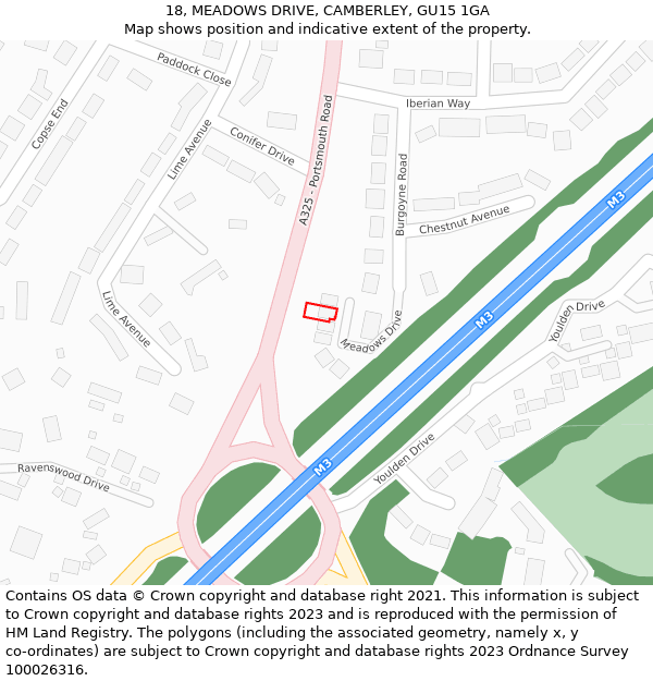 18, MEADOWS DRIVE, CAMBERLEY, GU15 1GA: Location map and indicative extent of plot