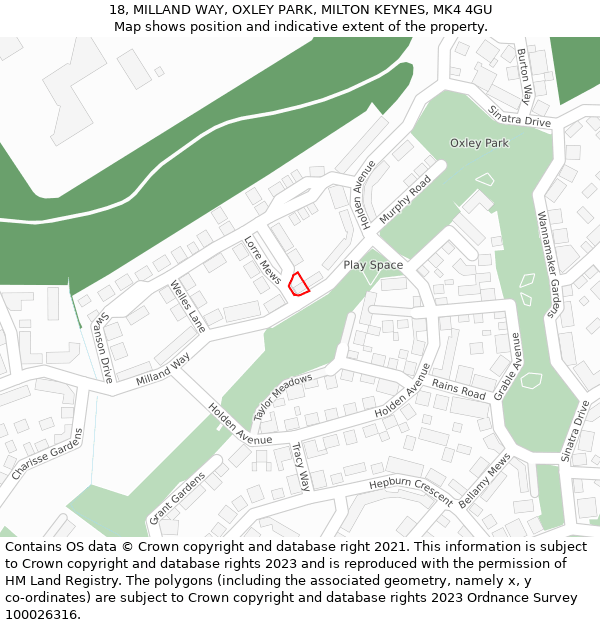 18, MILLAND WAY, OXLEY PARK, MILTON KEYNES, MK4 4GU: Location map and indicative extent of plot