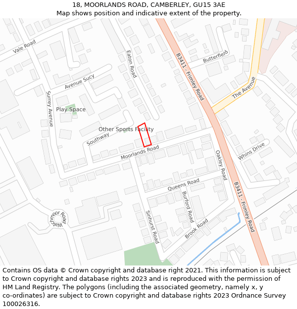 18, MOORLANDS ROAD, CAMBERLEY, GU15 3AE: Location map and indicative extent of plot