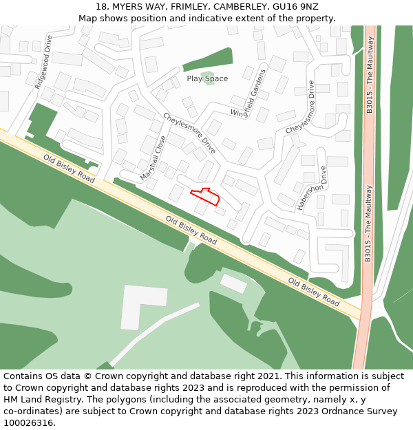 18, MYERS WAY, FRIMLEY, CAMBERLEY, GU16 9NZ: Location map and indicative extent of plot