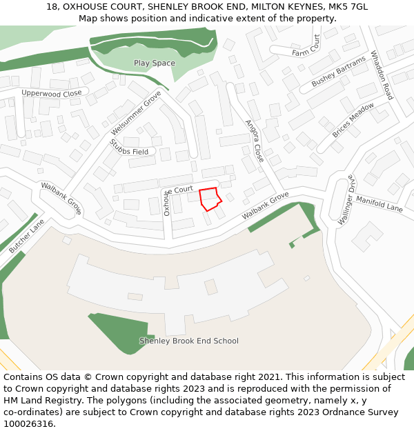 18, OXHOUSE COURT, SHENLEY BROOK END, MILTON KEYNES, MK5 7GL: Location map and indicative extent of plot