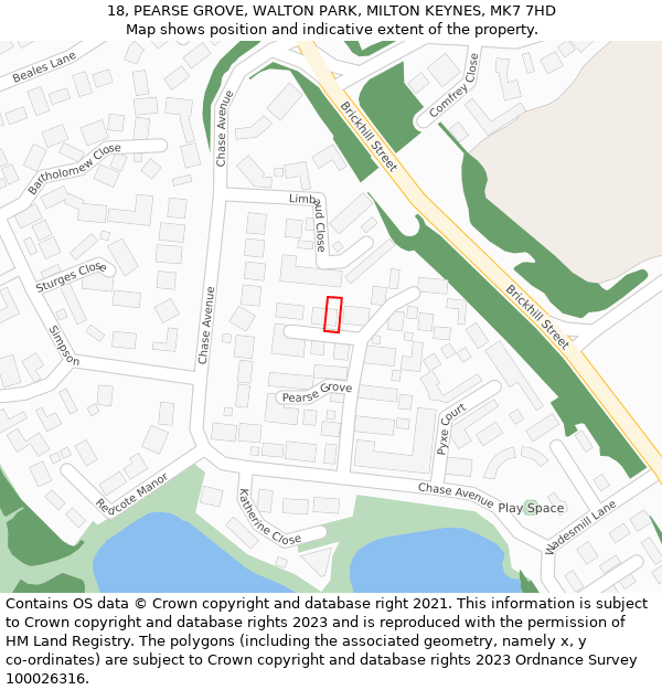 18, PEARSE GROVE, WALTON PARK, MILTON KEYNES, MK7 7HD: Location map and indicative extent of plot