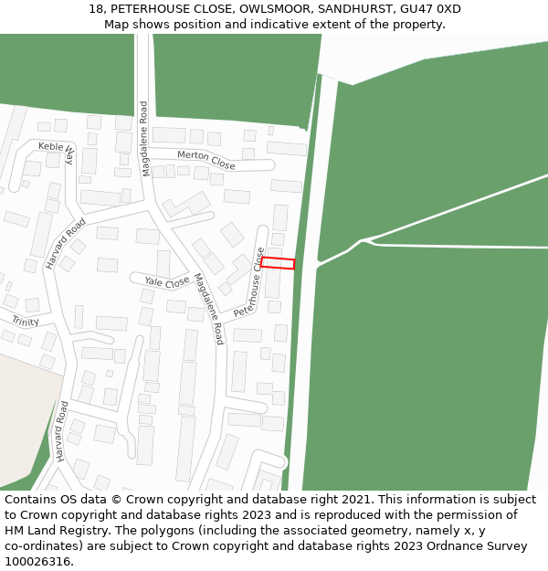 18, PETERHOUSE CLOSE, OWLSMOOR, SANDHURST, GU47 0XD: Location map and indicative extent of plot