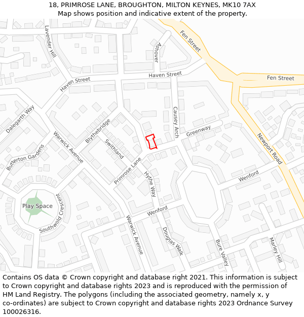 18, PRIMROSE LANE, BROUGHTON, MILTON KEYNES, MK10 7AX: Location map and indicative extent of plot