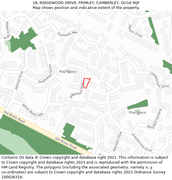 18, RIDGEWOOD DRIVE, FRIMLEY, CAMBERLEY, GU16 9QF: Location map and indicative extent of plot