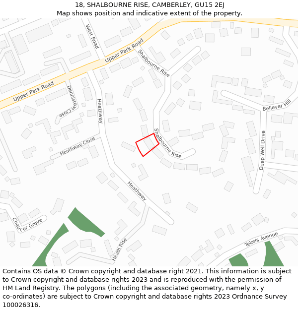 18, SHALBOURNE RISE, CAMBERLEY, GU15 2EJ: Location map and indicative extent of plot