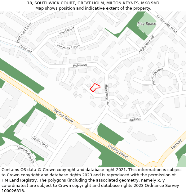 18, SOUTHWICK COURT, GREAT HOLM, MILTON KEYNES, MK8 9AD: Location map and indicative extent of plot