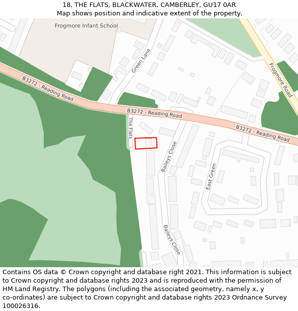 18, THE FLATS, BLACKWATER, CAMBERLEY, GU17 0AR: Location map and indicative extent of plot