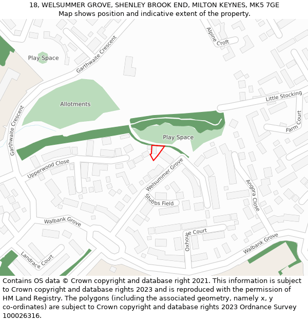 18, WELSUMMER GROVE, SHENLEY BROOK END, MILTON KEYNES, MK5 7GE: Location map and indicative extent of plot