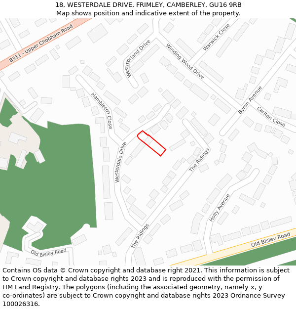 18, WESTERDALE DRIVE, FRIMLEY, CAMBERLEY, GU16 9RB: Location map and indicative extent of plot