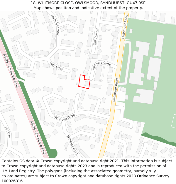 18, WHITMORE CLOSE, OWLSMOOR, SANDHURST, GU47 0SE: Location map and indicative extent of plot