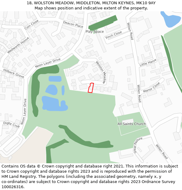 18, WOLSTON MEADOW, MIDDLETON, MILTON KEYNES, MK10 9AY: Location map and indicative extent of plot