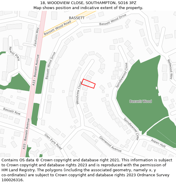 18, WOODVIEW CLOSE, SOUTHAMPTON, SO16 3PZ: Location map and indicative extent of plot