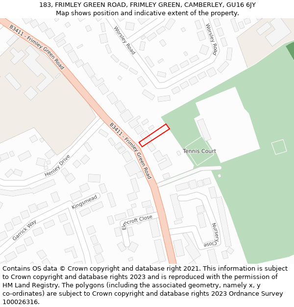 183, FRIMLEY GREEN ROAD, FRIMLEY GREEN, CAMBERLEY, GU16 6JY: Location map and indicative extent of plot