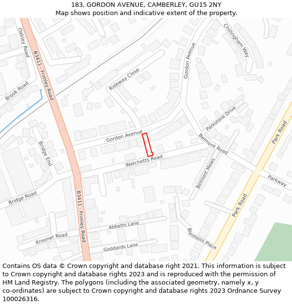 183, GORDON AVENUE, CAMBERLEY, GU15 2NY: Location map and indicative extent of plot