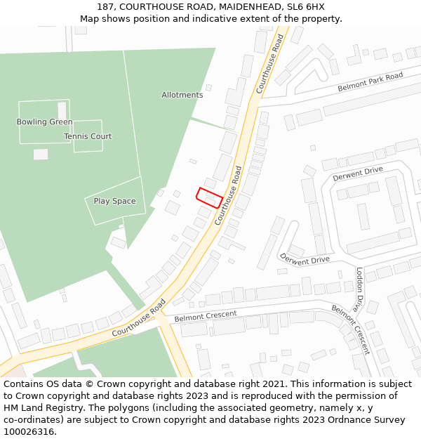 187, COURTHOUSE ROAD, MAIDENHEAD, SL6 6HX: Location map and indicative extent of plot