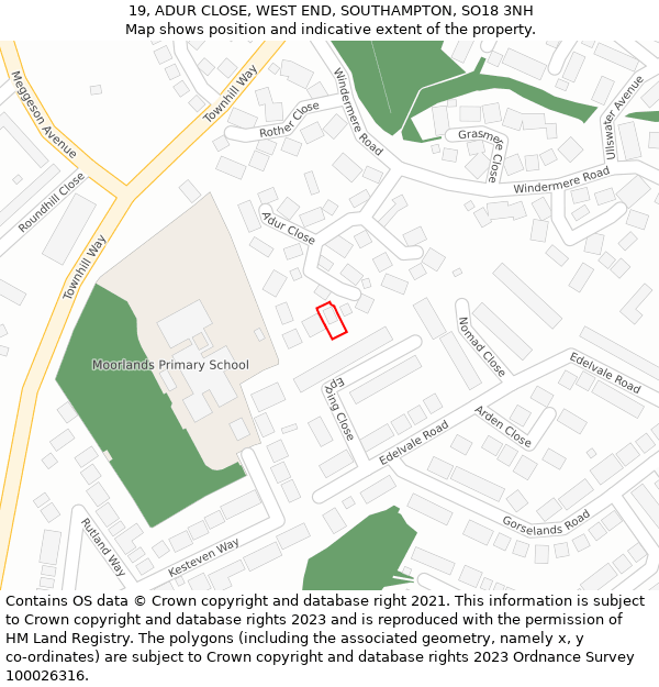 19, ADUR CLOSE, WEST END, SOUTHAMPTON, SO18 3NH: Location map and indicative extent of plot