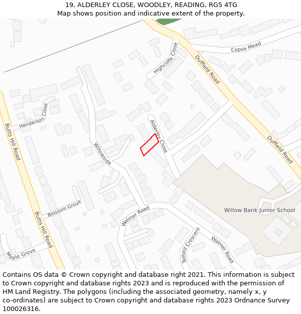 19, ALDERLEY CLOSE, WOODLEY, READING, RG5 4TG: Location map and indicative extent of plot