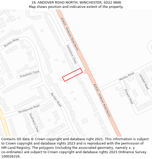 19, ANDOVER ROAD NORTH, WINCHESTER, SO22 6NW: Location map and indicative extent of plot