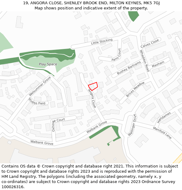 19, ANGORA CLOSE, SHENLEY BROOK END, MILTON KEYNES, MK5 7GJ: Location map and indicative extent of plot