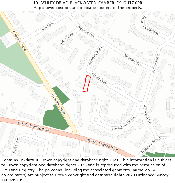 19, ASHLEY DRIVE, BLACKWATER, CAMBERLEY, GU17 0PR: Location map and indicative extent of plot