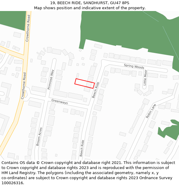 19, BEECH RIDE, SANDHURST, GU47 8PS: Location map and indicative extent of plot