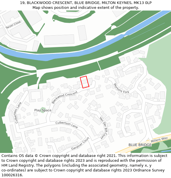 19, BLACKWOOD CRESCENT, BLUE BRIDGE, MILTON KEYNES, MK13 0LP: Location map and indicative extent of plot