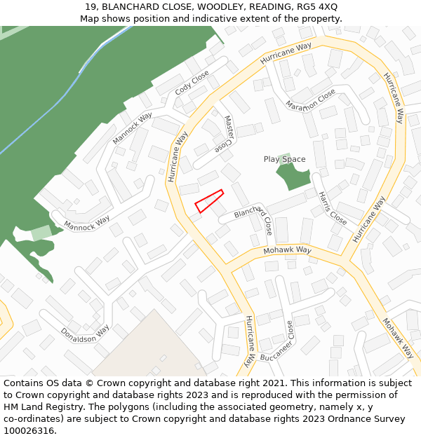 19, BLANCHARD CLOSE, WOODLEY, READING, RG5 4XQ: Location map and indicative extent of plot