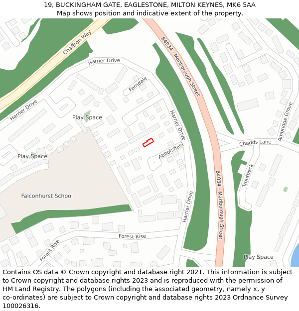 19, BUCKINGHAM GATE, EAGLESTONE, MILTON KEYNES, MK6 5AA: Location map and indicative extent of plot
