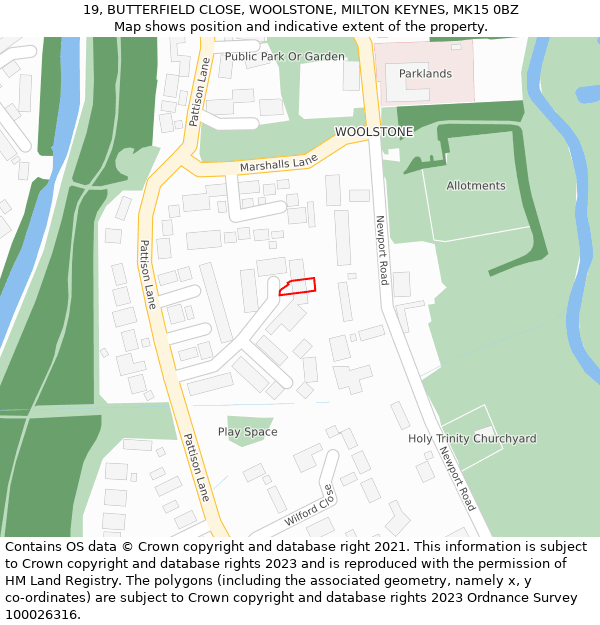 19, BUTTERFIELD CLOSE, WOOLSTONE, MILTON KEYNES, MK15 0BZ: Location map and indicative extent of plot
