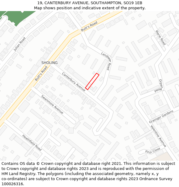 19, CANTERBURY AVENUE, SOUTHAMPTON, SO19 1EB: Location map and indicative extent of plot