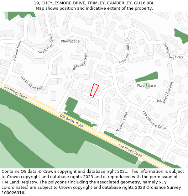 19, CHEYLESMORE DRIVE, FRIMLEY, CAMBERLEY, GU16 9BL: Location map and indicative extent of plot