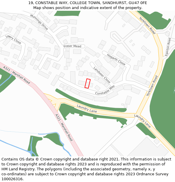 19, CONSTABLE WAY, COLLEGE TOWN, SANDHURST, GU47 0FE: Location map and indicative extent of plot