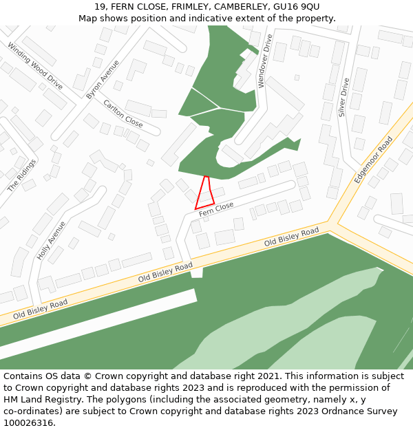 19, FERN CLOSE, FRIMLEY, CAMBERLEY, GU16 9QU: Location map and indicative extent of plot