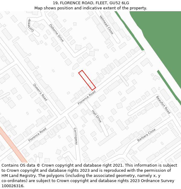 19, FLORENCE ROAD, FLEET, GU52 6LG: Location map and indicative extent of plot