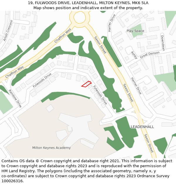 19, FULWOODS DRIVE, LEADENHALL, MILTON KEYNES, MK6 5LA: Location map and indicative extent of plot