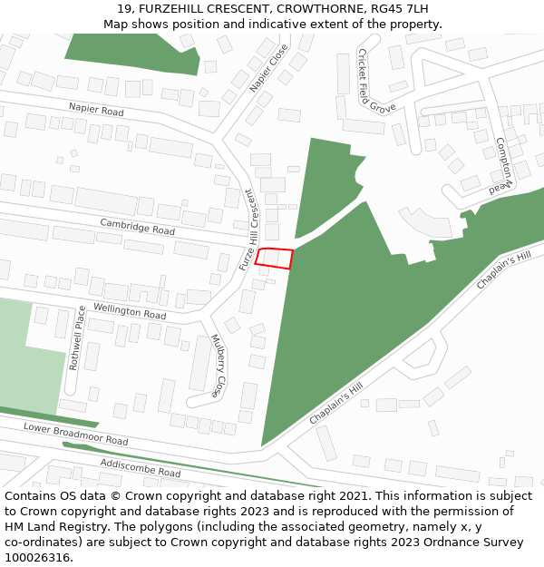 19, FURZEHILL CRESCENT, CROWTHORNE, RG45 7LH: Location map and indicative extent of plot