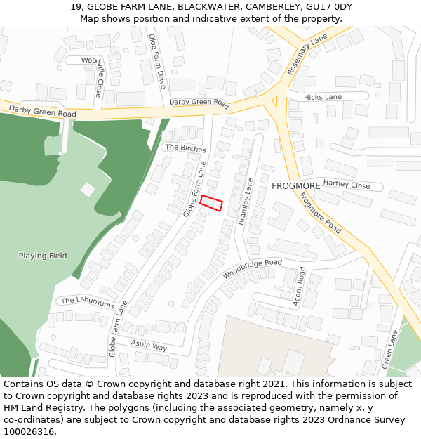 19, GLOBE FARM LANE, BLACKWATER, CAMBERLEY, GU17 0DY: Location map and indicative extent of plot