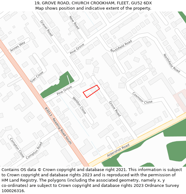 19, GROVE ROAD, CHURCH CROOKHAM, FLEET, GU52 6DX: Location map and indicative extent of plot
