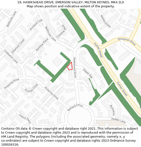 19, HAWKSHEAD DRIVE, EMERSON VALLEY, MILTON KEYNES, MK4 2LX: Location map and indicative extent of plot