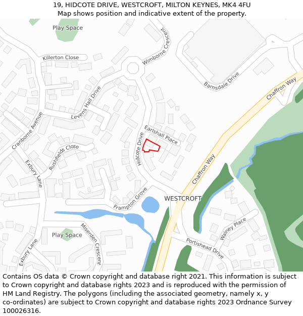 19, HIDCOTE DRIVE, WESTCROFT, MILTON KEYNES, MK4 4FU: Location map and indicative extent of plot