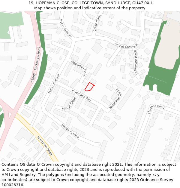 19, HOPEMAN CLOSE, COLLEGE TOWN, SANDHURST, GU47 0XH: Location map and indicative extent of plot