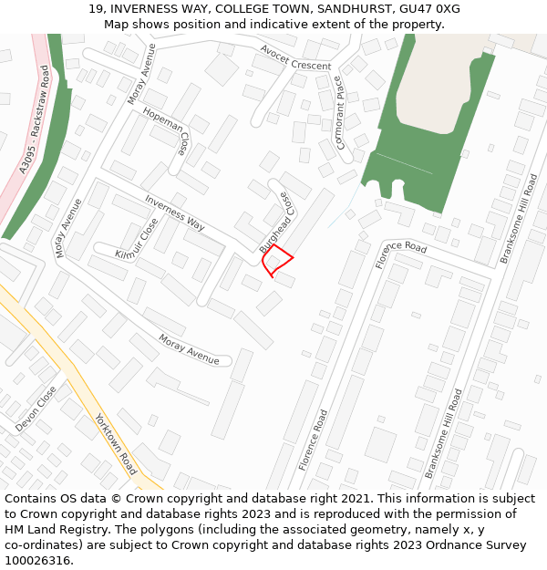19, INVERNESS WAY, COLLEGE TOWN, SANDHURST, GU47 0XG: Location map and indicative extent of plot