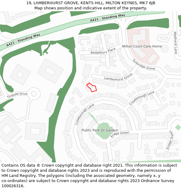 19, LAMBERHURST GROVE, KENTS HILL, MILTON KEYNES, MK7 6JB: Location map and indicative extent of plot