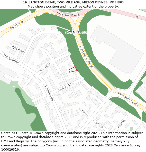 19, LANGTON DRIVE, TWO MILE ASH, MILTON KEYNES, MK8 8PD: Location map and indicative extent of plot