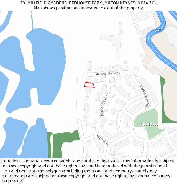 19, MILLFIELD GARDENS, REDHOUSE PARK, MILTON KEYNES, MK14 5GH: Location map and indicative extent of plot